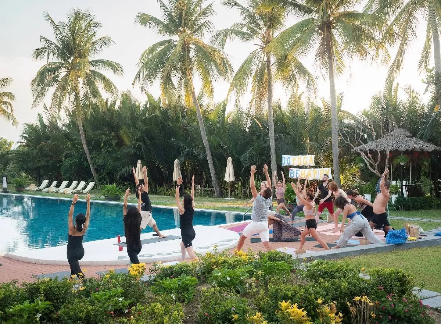 Một nhóm tập yoga bên hồ bơi dưới hàng dừa.